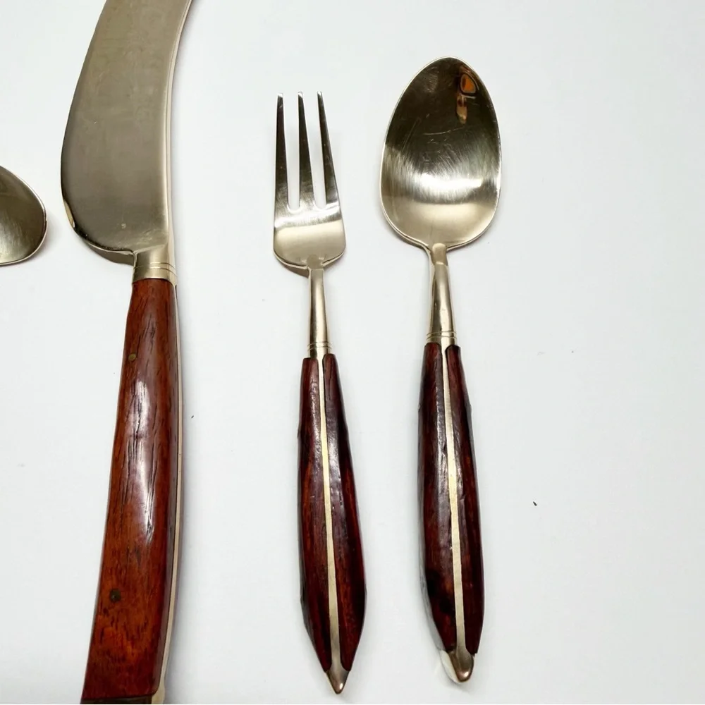 Vintage Bangkok Jewelry Factory Gold Tone Wood Handle Hor D’oeuvres Flatware Set